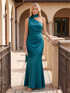 Elegant Teal Satin column One Shoulder Backless Ankle-Length Bridesmaid Dress - Curvevia