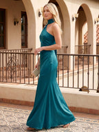 Elegant Teal Satin column One Shoulder Backless Ankle-Length Bridesmaid Dress - Curvevia