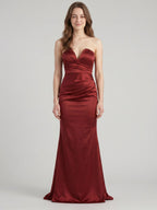 Elegant Wine Satin Mermaid Off-the-Shoulder Back Zip Ankle-Length Bridesmaid Dress - Curvevia