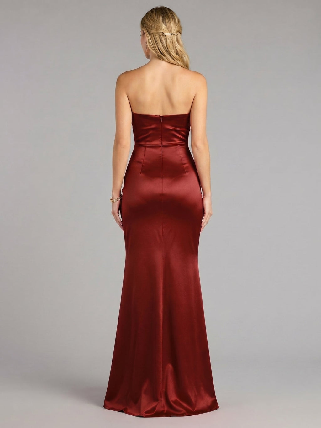 Elegant Wine Satin Mermaid Off-the-Shoulder Back Zip Ankle-Length Bridesmaid Dress - Curvevia