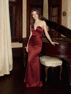 Elegant Wine Satin Mermaid Off-the-Shoulder Back Zip Ankle-Length Bridesmaid Dress - Curvevia