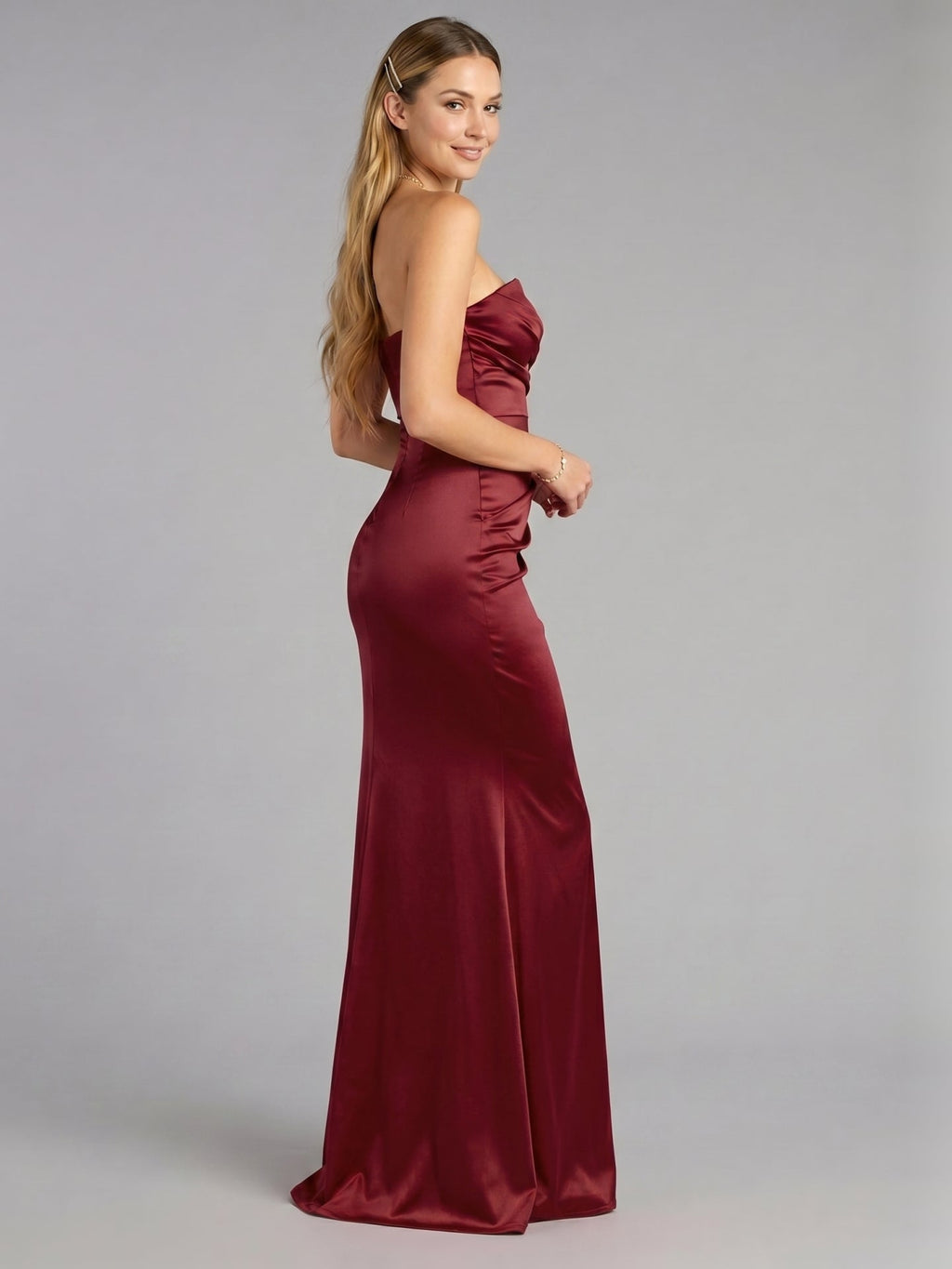 Elegant Wine Satin Mermaid Off-the-Shoulder Back Zip Ankle-Length Bridesmaid Dress - Curvevia