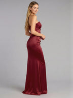 Elegant Wine Satin Mermaid Off-the-Shoulder Back Zip Ankle-Length Bridesmaid Dress - Curvevia