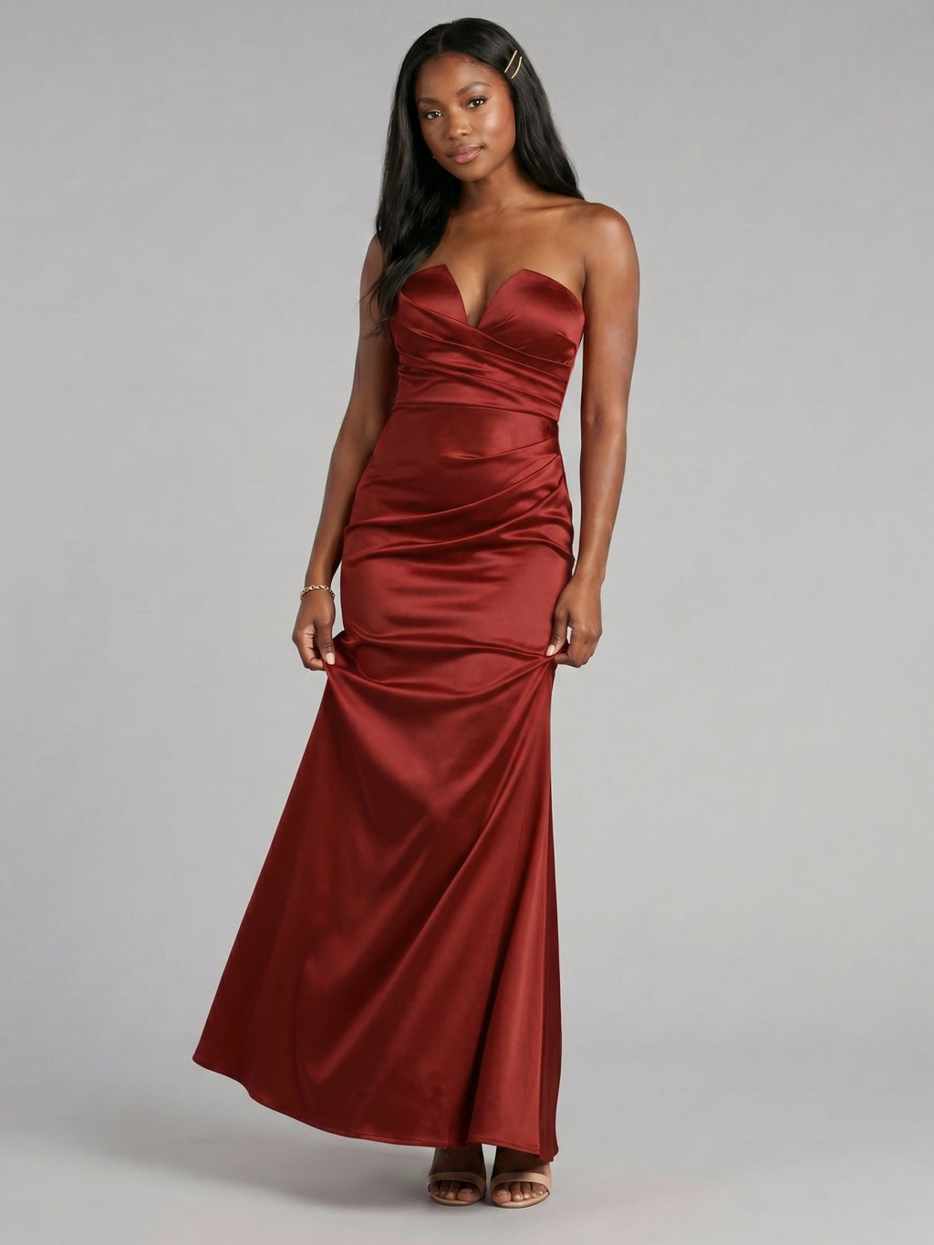 Elegant Wine Satin Mermaid Off-the-Shoulder Back Zip Ankle-Length Bridesmaid Dress - Curvevia
