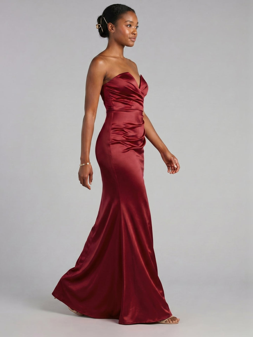 Elegant Wine Satin Mermaid Off-the-Shoulder Back Zip Ankle-Length Bridesmaid Dress - Curvevia