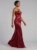 Elegant Wine Satin Mermaid Off-the-Shoulder Back Zip Ankle-Length Bridesmaid Dress - Curvevia