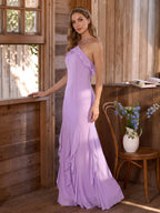 Elegant Wisteria Chiffon Trumpet Halter neckline Ankle-Length Bridesmaid Dress - Curvevia