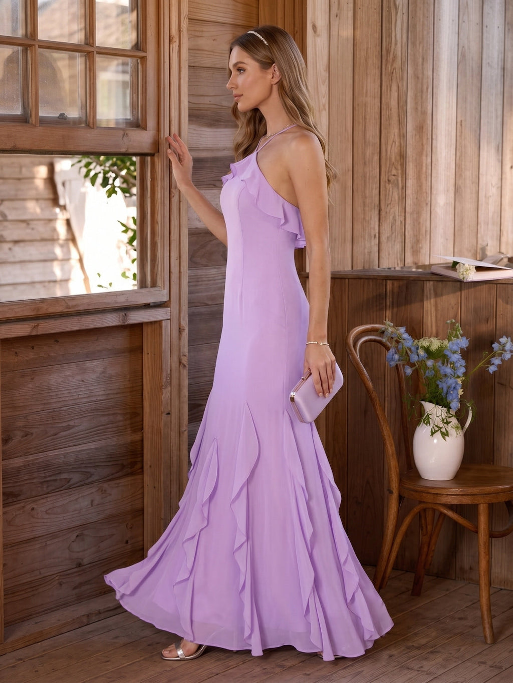 Elegant Wisteria Chiffon Trumpet Halter neckline Ankle-Length Bridesmaid Dress - Curvevia