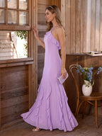 Elegant Wisteria Chiffon Trumpet Halter neckline Ankle-Length Bridesmaid Dress - Curvevia
