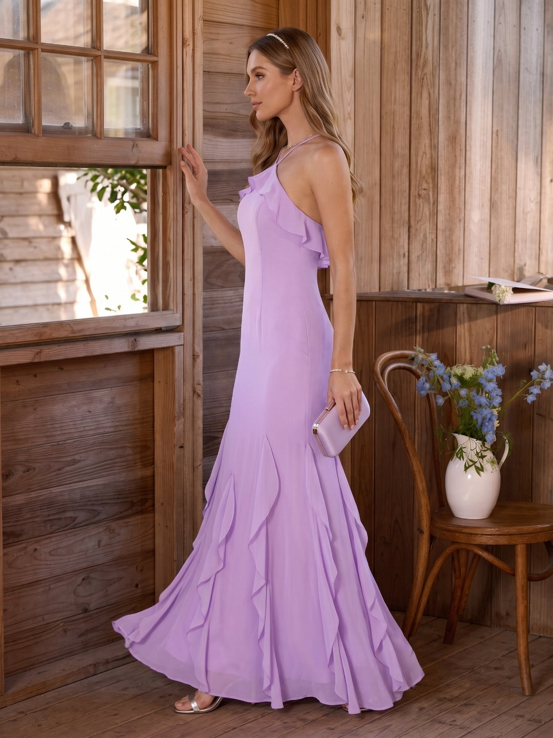Elegant Wisteria Chiffon Trumpet Halter neckline Ankle-Length Bridesmaid Dress - Curvevia