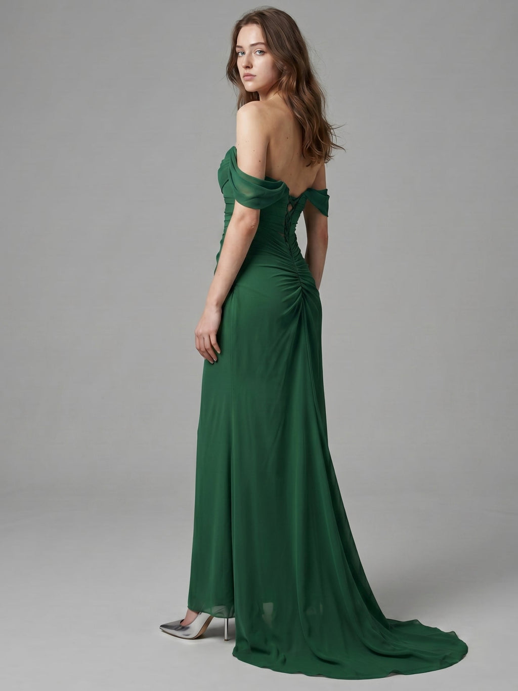 Emerald Chiffon Trumpet Off-the-Shoulder Backless Floor-Length Pleated Bridesmaid Dress - Curvevia