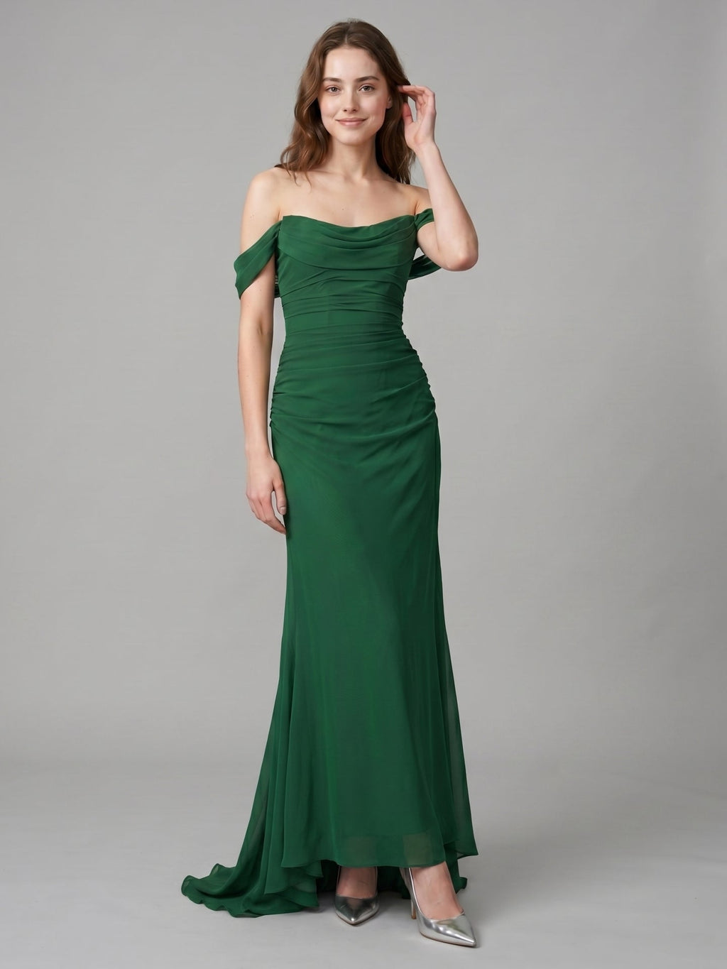 Emerald Chiffon Trumpet Off-the-Shoulder Backless Floor-Length Pleated Bridesmaid Dress - Curvevia