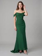 Emerald Chiffon Trumpet Off-the-Shoulder Backless Floor-Length Pleated Bridesmaid Dress - Curvevia