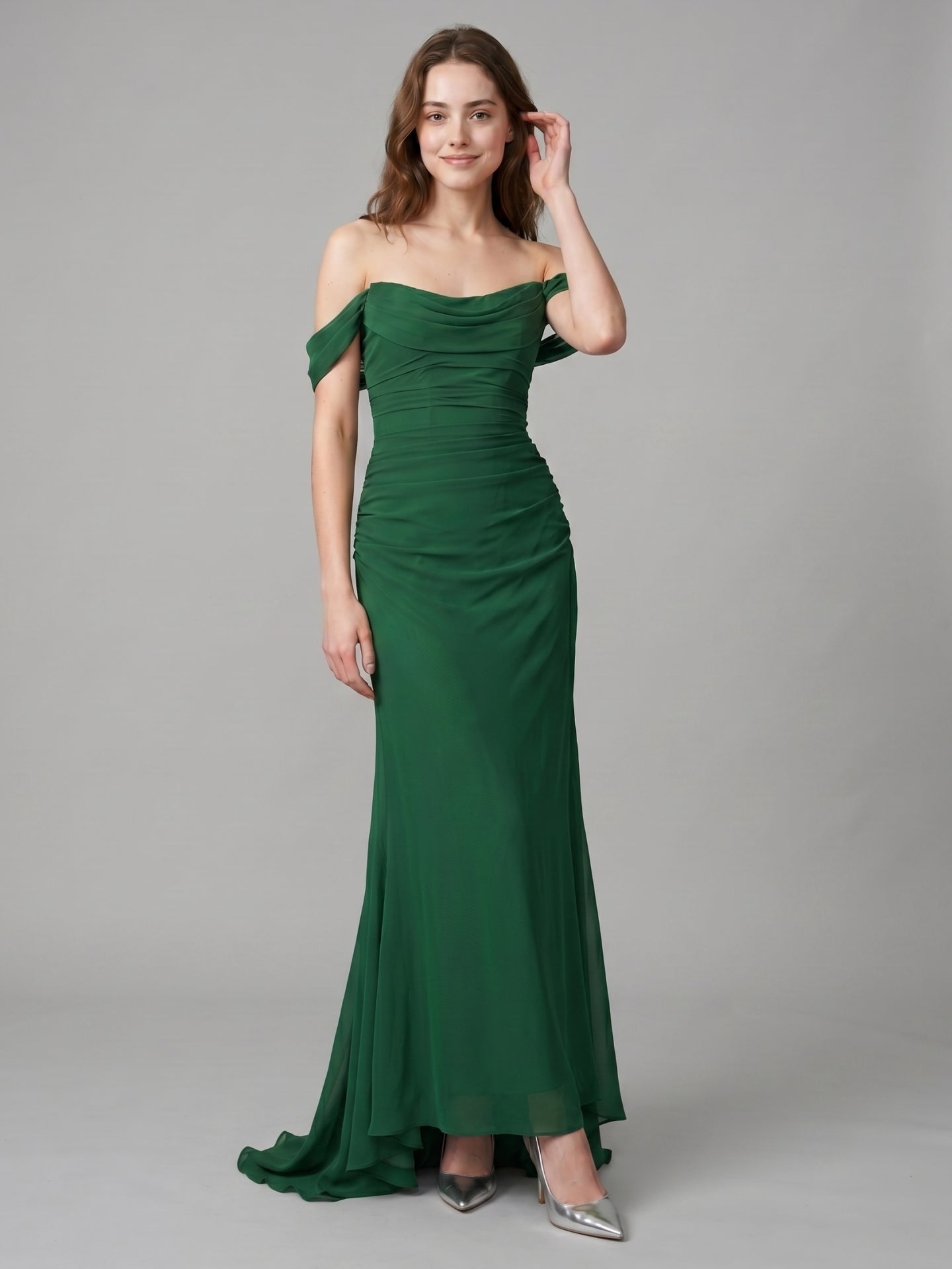 Emerald Chiffon Trumpet Off-the-Shoulder Backless Floor-Length Pleated Bridesmaid Dress - Curvevia
