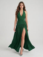 Emerald Stretch Knit A-Line V-Neck Backless Floor-Length Pleated Bridesmaid Dress - Curvevia