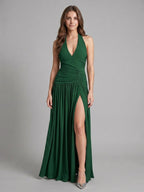 Emerald Stretch Knit A-Line V-Neck Backless Floor-Length Pleated Bridesmaid Dress - Curvevia