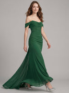 Emerald Chiffon Trumpet Off-the-Shoulder Backless Floor-Length Pleated Bridesmaid Dress - Curvevia