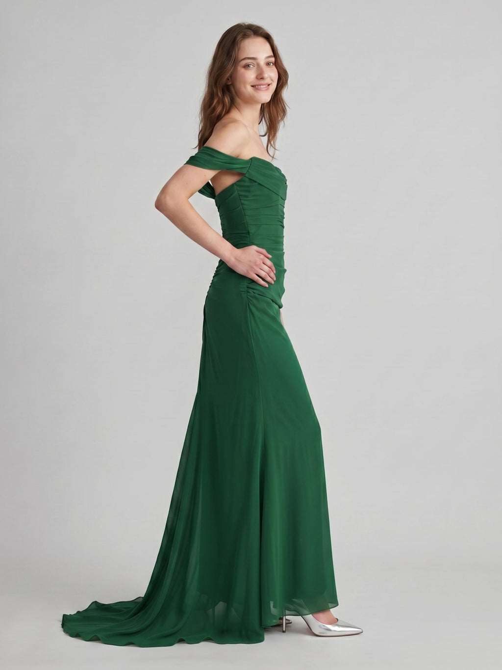 Emerald Chiffon Trumpet Off-the-Shoulder Backless Floor-Length Pleated Bridesmaid Dress - Curvevia
