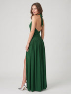 Emerald Stretch Knit A-Line V-Neck Backless Floor-Length Pleated Bridesmaid Dress - Curvevia