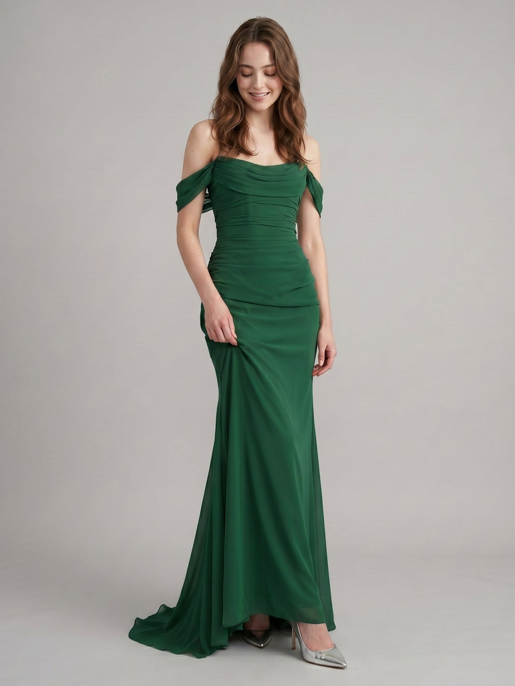 Emerald Chiffon Trumpet Off-the-Shoulder Backless Floor-Length Pleated Bridesmaid Dress - Curvevia