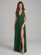 Emerald Stretch Knit A-Line V-Neck Backless Floor-Length Pleated Bridesmaid Dress - Curvevia