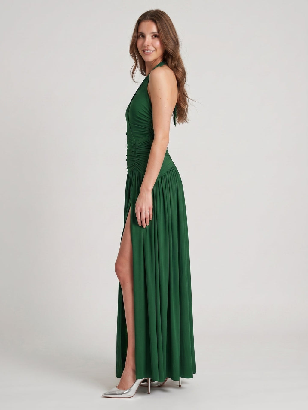 Emerald Stretch Knit A-Line V-Neck Backless Floor-Length Pleated Bridesmaid Dress - Curvevia