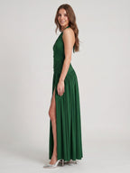 Emerald Stretch Knit A-Line V-Neck Backless Floor-Length Pleated Bridesmaid Dress - Curvevia