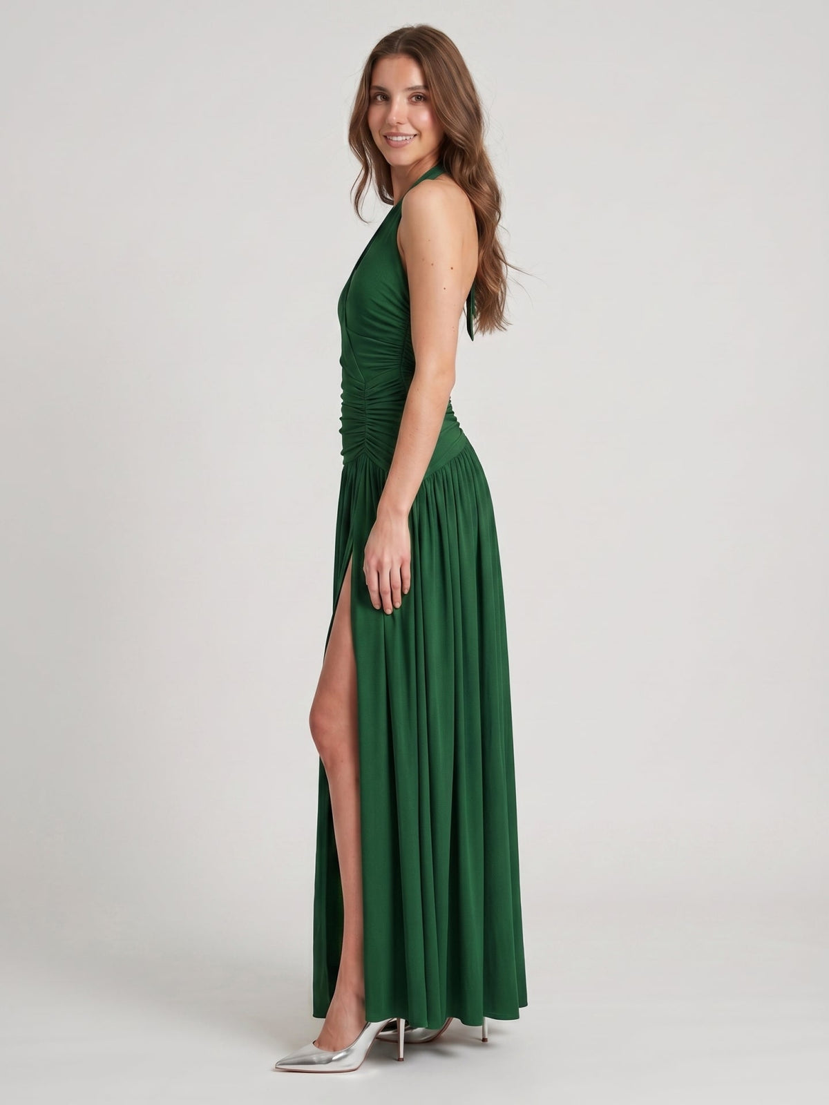 Emerald Stretch Knit A-Line V-Neck Backless Floor-Length Pleated Bridesmaid Dress - Curvevia