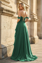 Peacock Off The Shoulder A Line Chiffon Pleated Long Evening Dress With Slit - Curvevia