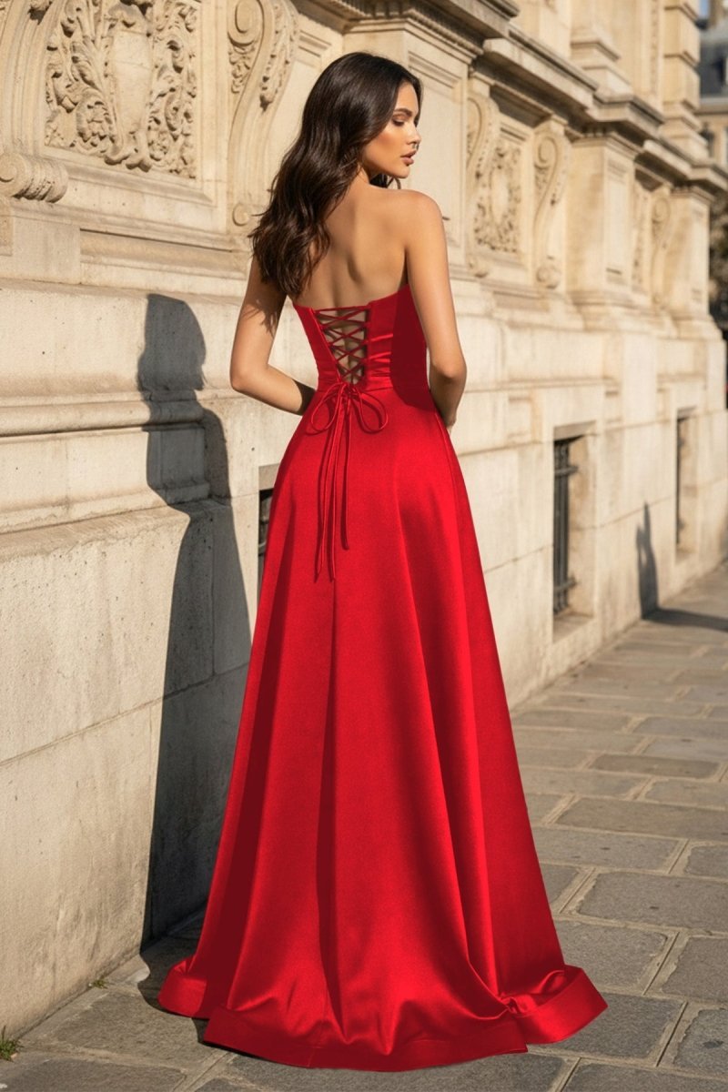A Line Black Strapless Satin Evening Dress With Slit - Curvevia