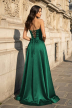 A Line Black Strapless Satin Evening Dress With Slit - Curvevia