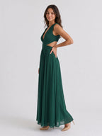 Emerald Chiffon A-Line V-Neck Back Zip Floor-Length Formal Dress with Pleating - Curvevia