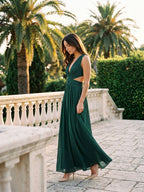 Emerald Chiffon A-Line V-Neck Back Zip Floor-Length Formal Dress with Pleating - Curvevia
