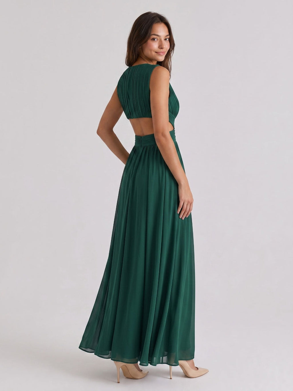 Emerald Chiffon A-Line V-Neck Back Zip Floor-Length Formal Dress with Pleating - Curvevia
