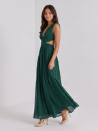 Emerald Chiffon A-Line V-Neck Back Zip Floor-Length Formal Dress with Pleating - Curvevia