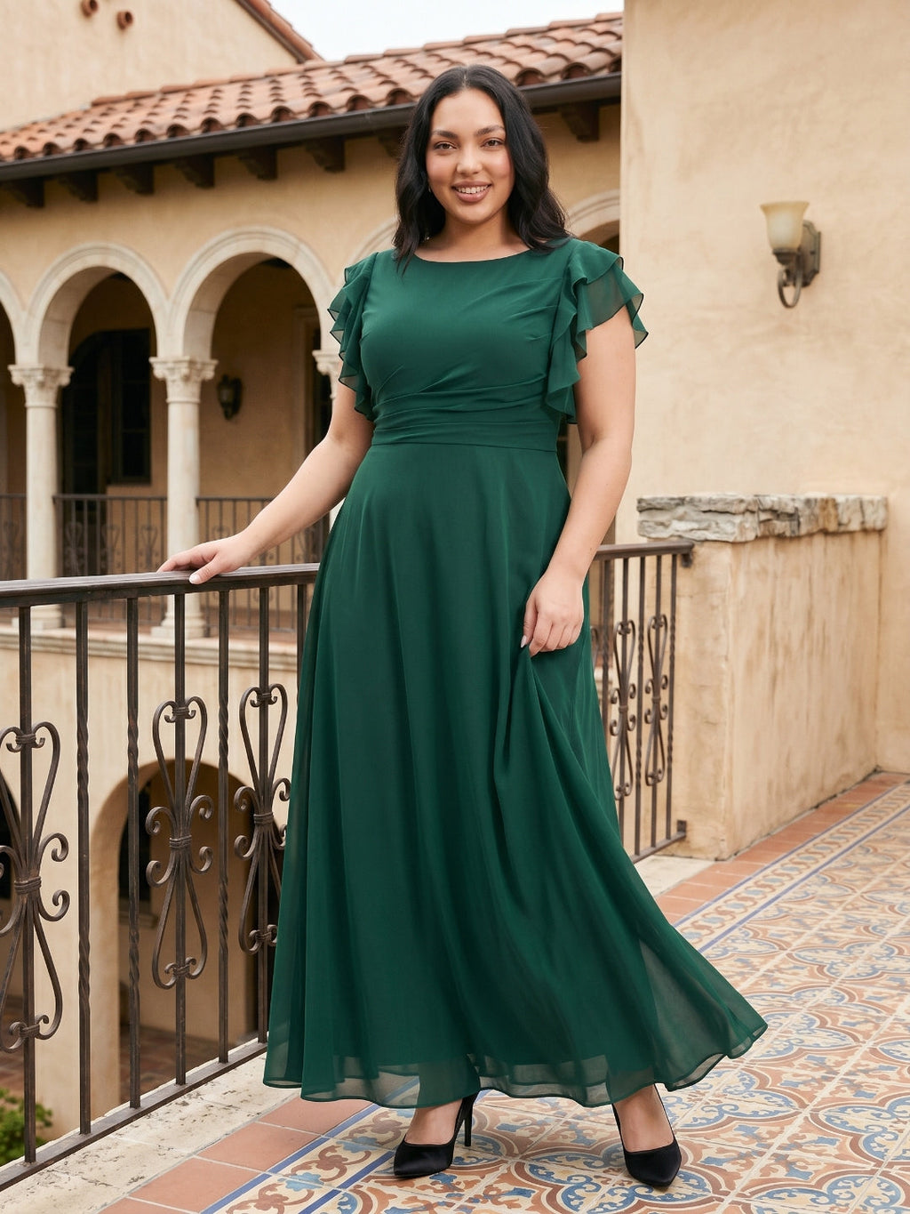 Emerald Chiffon Scoop Neck Back Zip A-Line Ankle-Length Plus Size Bridesmaid Dress - Curvevia