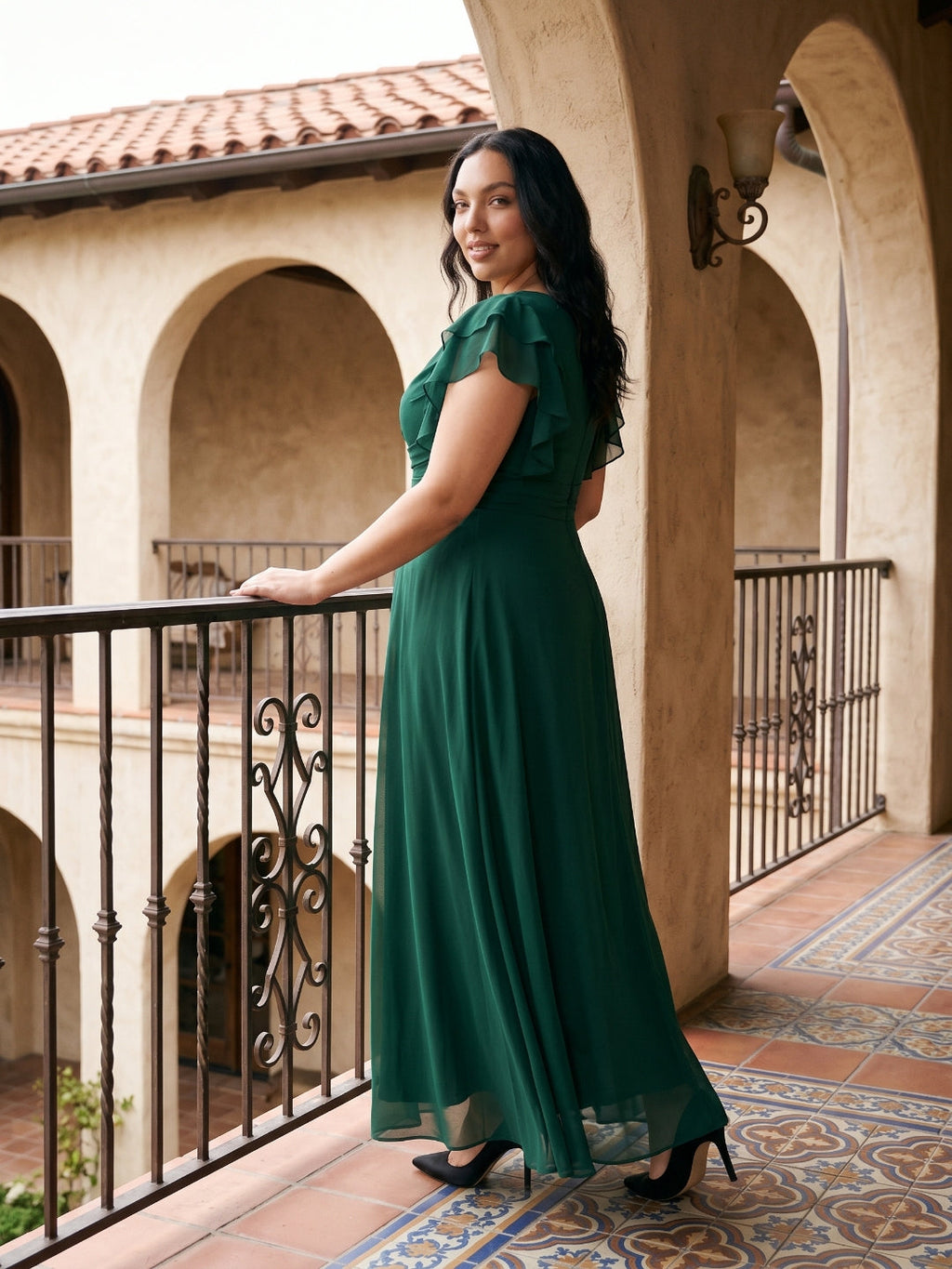 Emerald Chiffon Scoop Neck Back Zip A-Line Ankle-Length Plus Size Bridesmaid Dress - Curvevia