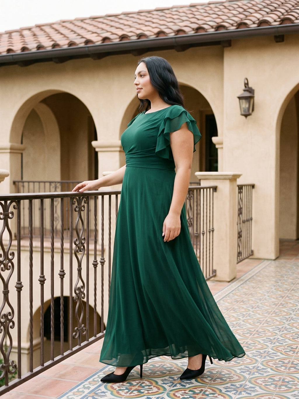 Emerald Chiffon Scoop Neck Back Zip A-Line Ankle-Length Plus Size Bridesmaid Dress - Curvevia