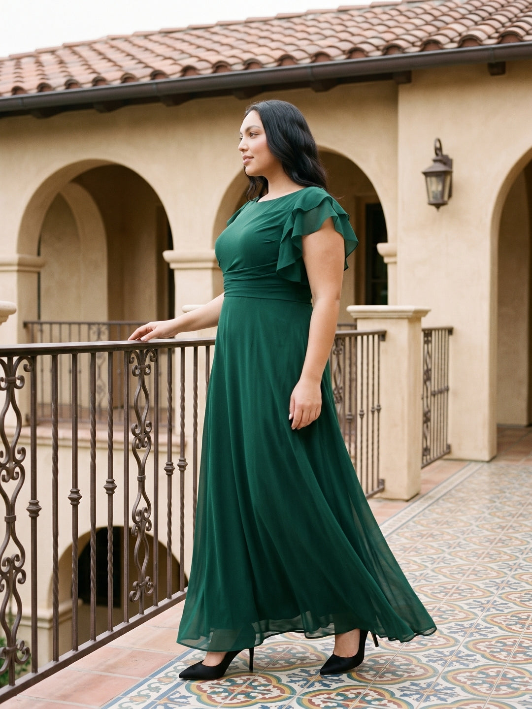 Emerald Chiffon Scoop Neck Back Zip A-Line Ankle-Length Plus Size Bridesmaid Dress - Curvevia