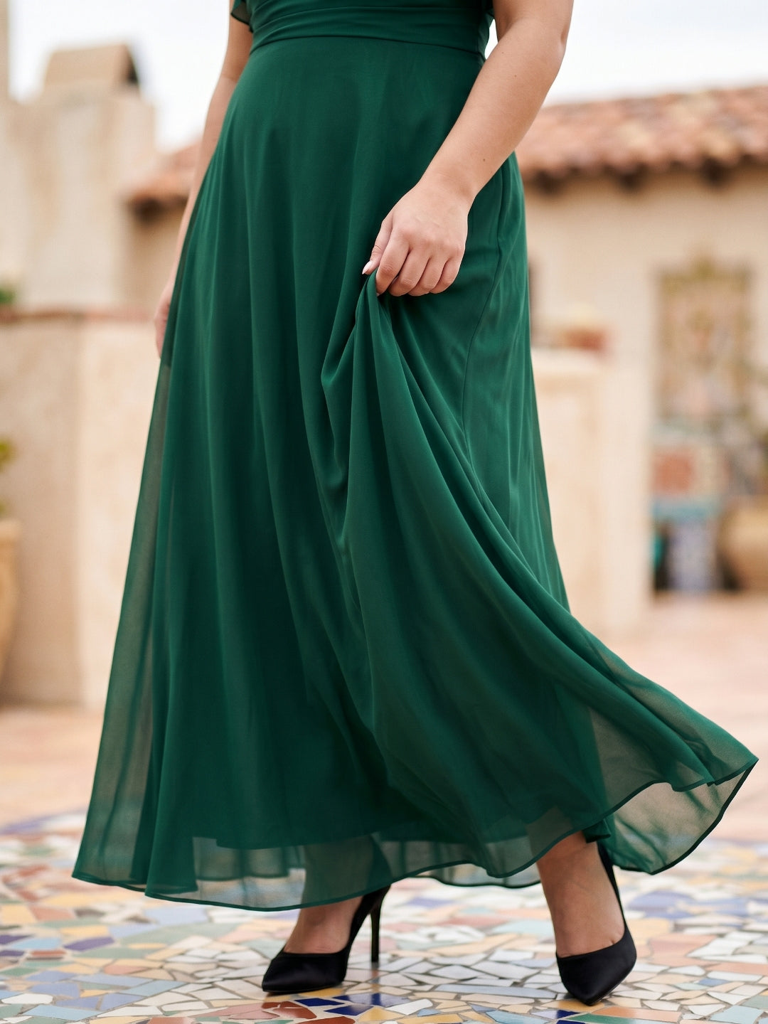 Emerald Chiffon Scoop Neck Back Zip A-Line Ankle-Length Plus Size Bridesmaid Dress - Curvevia