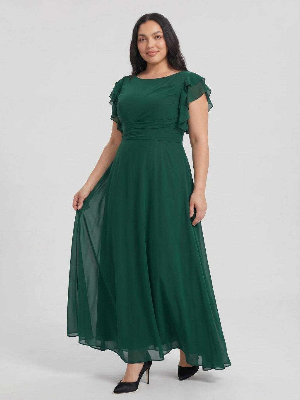 Emerald Chiffon Scoop Neck Back Zip A-Line Ankle-Length Plus Size Bridesmaid Dress - Curvevia