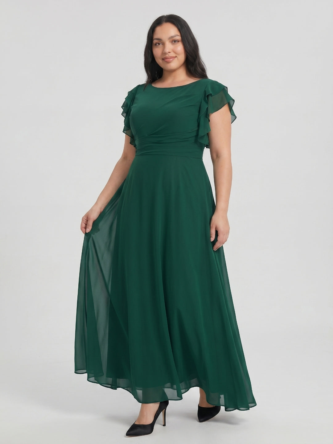 Emerald Chiffon Scoop Neck Back Zip A-Line Ankle-Length Plus Size Bridesmaid Dress - Curvevia