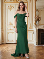 Emerald Chiffon Trumpet Off-the-Shoulder Backless Floor-Length Pleated Bridesmaid Dress - Curvevia