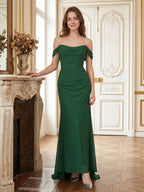 Emerald Chiffon Trumpet Off-the-Shoulder Backless Floor-Length Pleated Bridesmaid Dress - Curvevia