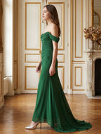 Emerald Chiffon Trumpet Off-the-Shoulder Backless Floor-Length Pleated Bridesmaid Dress - Curvevia