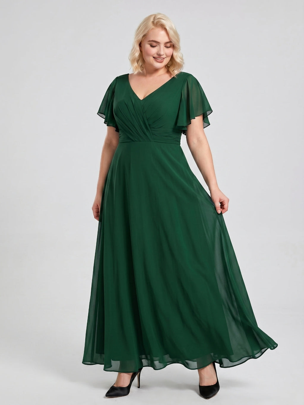 Emerald Chiffon V-Neck Back Zip A-Line Ankle-Length Plus Size Bridesmaid Dress - Curvevia