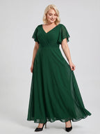Emerald Chiffon V-Neck Back Zip A-Line Ankle-Length Plus Size Bridesmaid Dress - Curvevia
