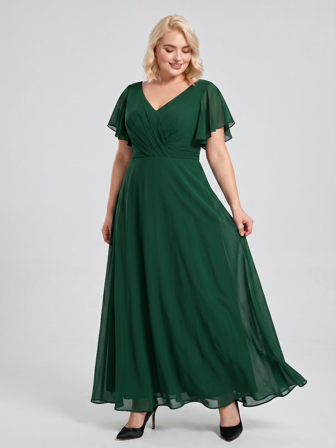 Emerald Chiffon V-Neck Back Zip A-Line Ankle-Length Plus Size Bridesmaid Dress - Curvevia