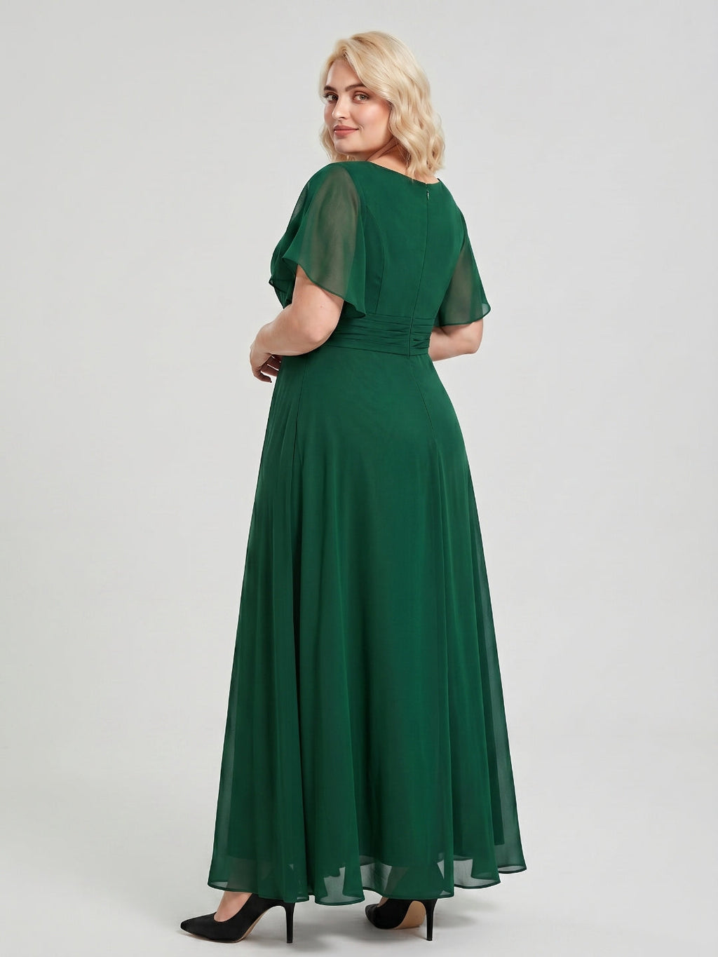 Emerald Chiffon V-Neck Back Zip A-Line Ankle-Length Plus Size Bridesmaid Dress - Curvevia