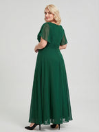 Emerald Chiffon V-Neck Back Zip A-Line Ankle-Length Plus Size Bridesmaid Dress - Curvevia
